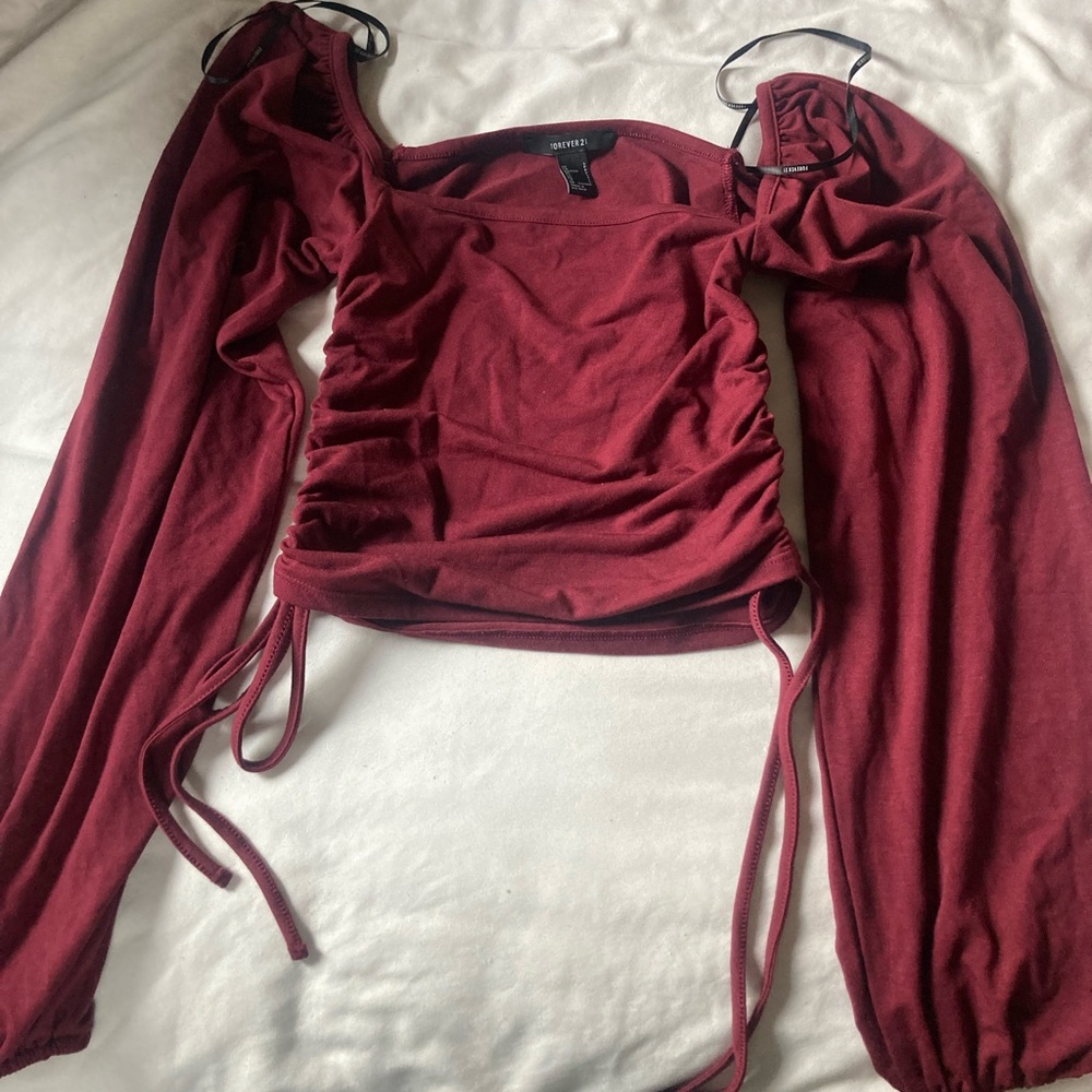 Dark mayve square neck, balloon sleeve top with ties on the side